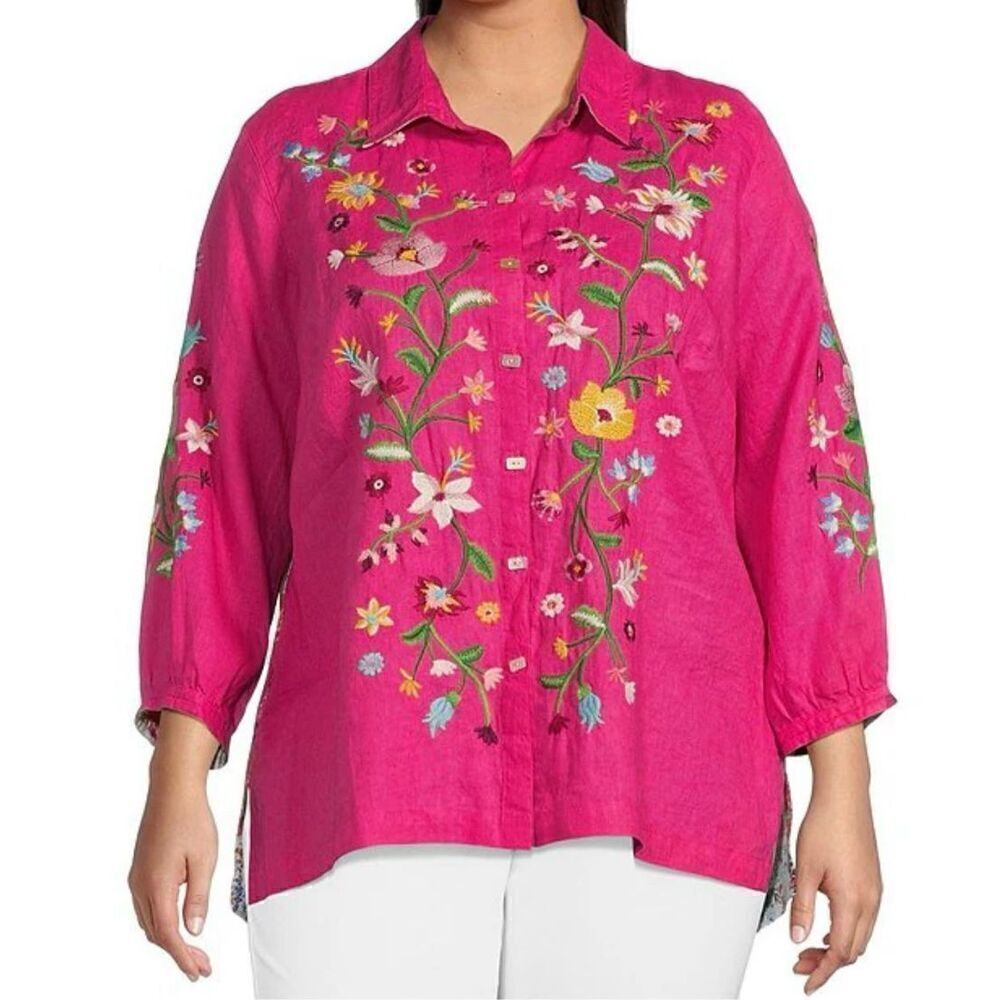 John Mark Nwt Embroidered Floral Point Collar 3/4 Sleeve Button Front Tunic L